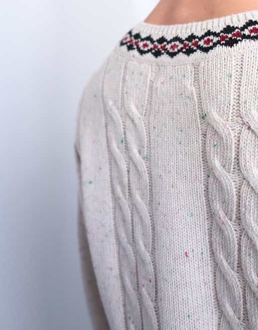 Topman relaxed fit cable knitted v-neck jumper with Fair Isle trim in ecru, 4 of 5