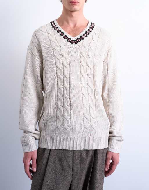 Topman relaxed fit cable knitted v-neck jumper with Fair Isle trim in ecru, 5 of 5