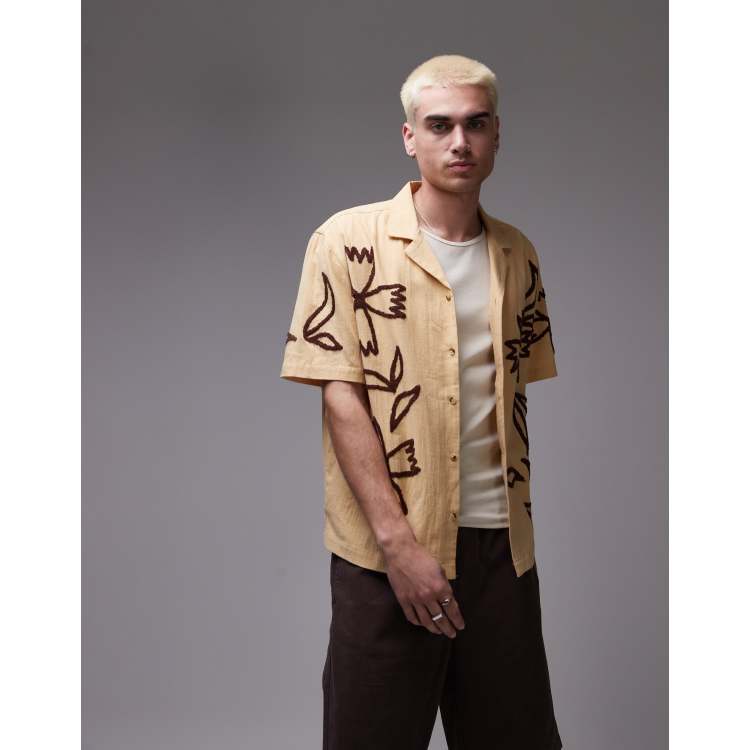 Topman relaxed fit camp collar embroidered shirt in buttermilk
