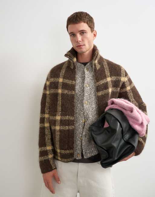 Topman relaxed fit check knitted zip through jumper in brown, 4 of 5