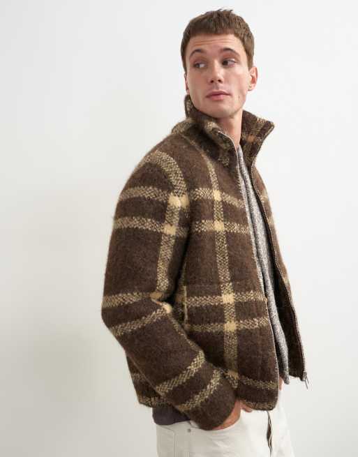 Topman relaxed fit check knitted zip through jumper in brown, 5 of 5