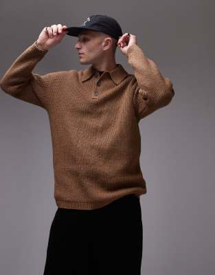 relaxed fit compact knit polo sweater in brown