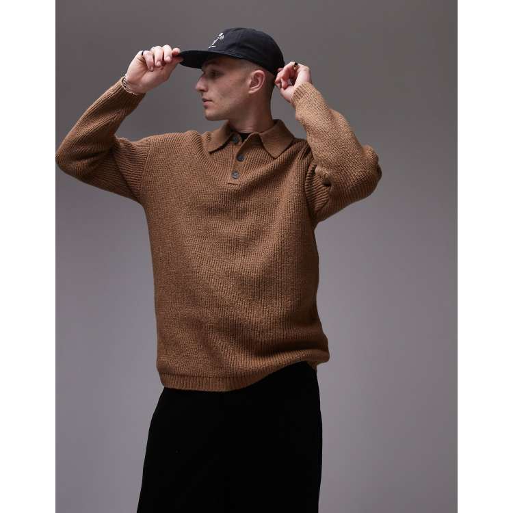 Topman relaxed fit compact knit polo sweater in brown | ASOS