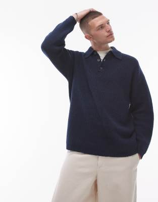 relaxed fit compact knit polo sweater in navy