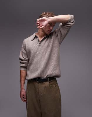 relaxed fit compact knit polo sweater in oatmeal-Neutral