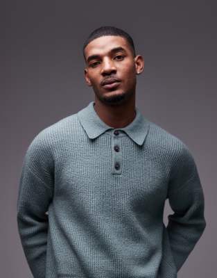 relaxed fit compact knit polo sweater in sage-Green