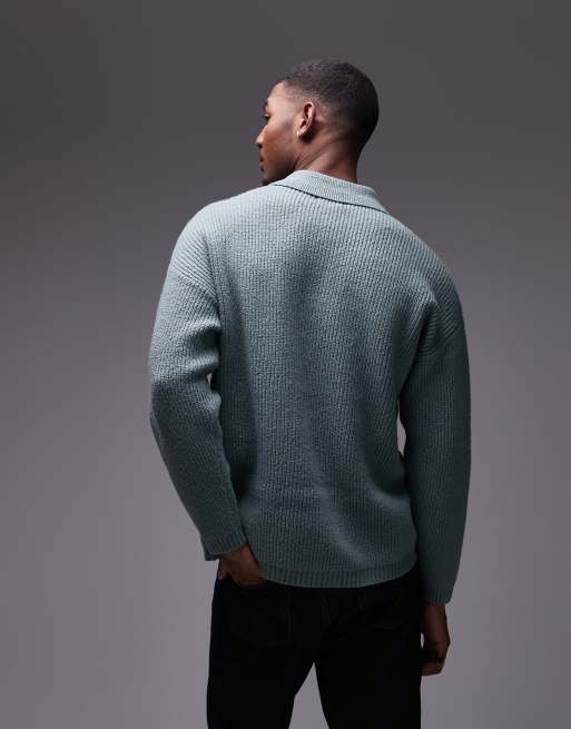 Topman relaxed fit compact knit polo sweater in sage, 4 of 4