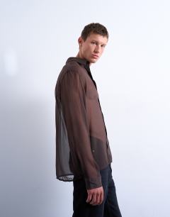 Model wearing Relaxed fit crinkle texture sheer shirt in brown