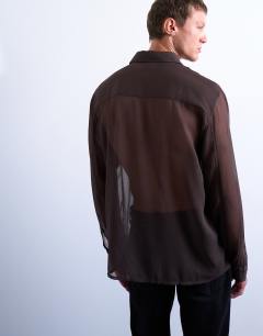 Model wearing Relaxed fit crinkle texture sheer shirt in brown