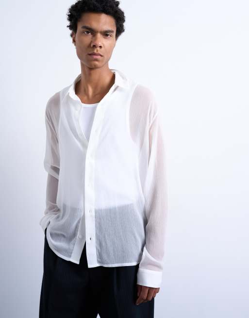 Topman relaxed fit crinkle texture sheer shirt in white, 2 of 5