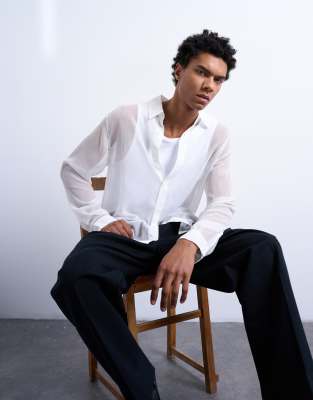 Topman Relaxed Fit Crinkled Texture Sheer Shirt In White