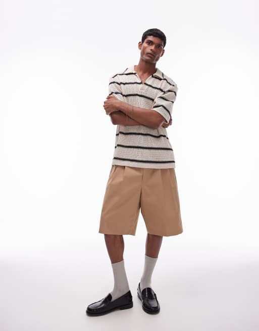 Topman relaxed fit crochet revere polo with stripe in black, 2 of 4