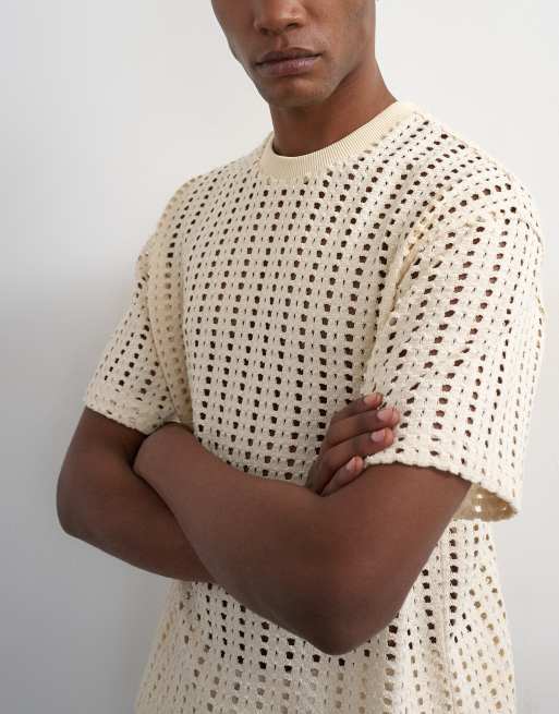Topman relaxed fit crochet T-shirt in ecru, 5 of 5