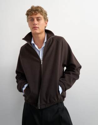 Topman Relaxed Fit Crop 1/4 Zip Brushed Funnel Neck Sweatshirt In Brown