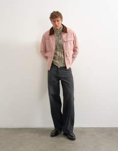 Model wearing Relaxed fit crop barn jacket with cord collar in dusty pink