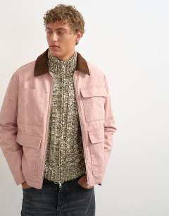 Model wearing Relaxed fit crop barn jacket with cord collar in dusty pink