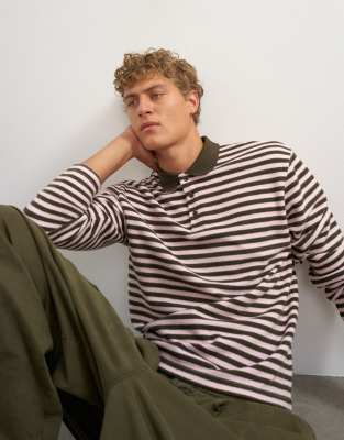 Topman Relaxed Fit Crop Brushed Polo With Stripes In Pink