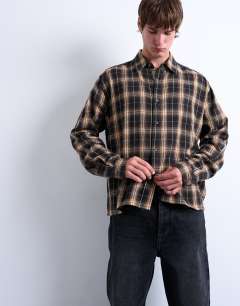 Relaxed fit crop flannel shirt in brown check