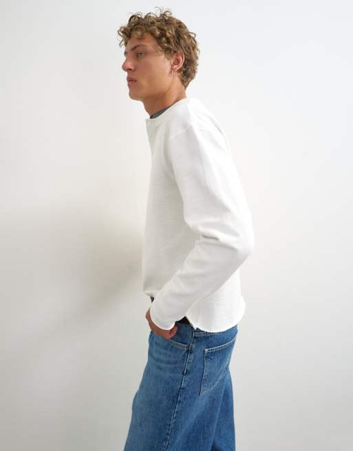 Topman relaxed fit crop heavyweight slub raw edge henley in ecru, 5 of 5