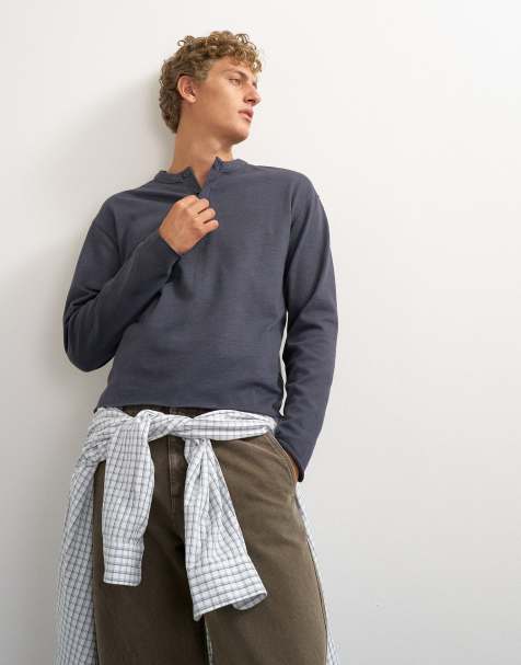 Topman relaxed fit crop heavyweight slub raw edge henley in slate - view 1