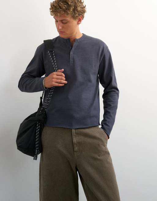 Topman relaxed fit crop heavyweight slub raw edge henley in slate, 4 of 5