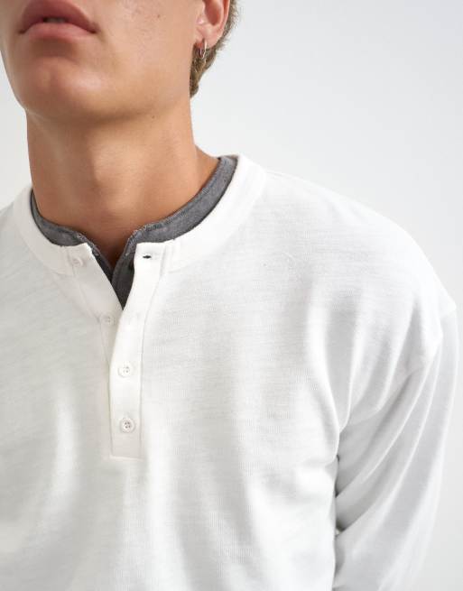 Topman relaxed fit crop heavyweight slub raw edge henley top in ecru, 4 of 5