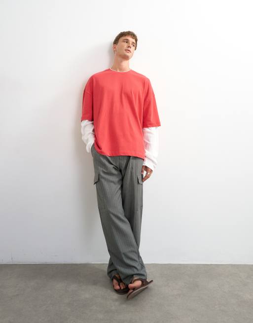 Topman relaxed fit crop layered T-shirt with waffle sleeves in washed red, 3 of 5