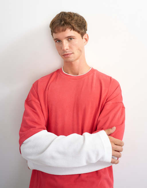 Topman relaxed fit crop layered T-shirt with waffle sleeves in washed red, 4 of 5