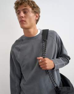 Model wearing Relaxed fit crop long sleeve t-shirt with panel detail in washed grey
