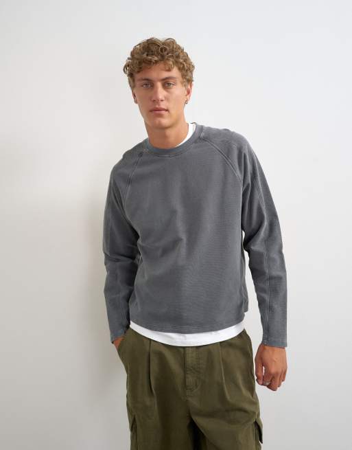 Topman relaxed fit crop long sleeve t-shirt with panel detail in washed grey, 3 of 5