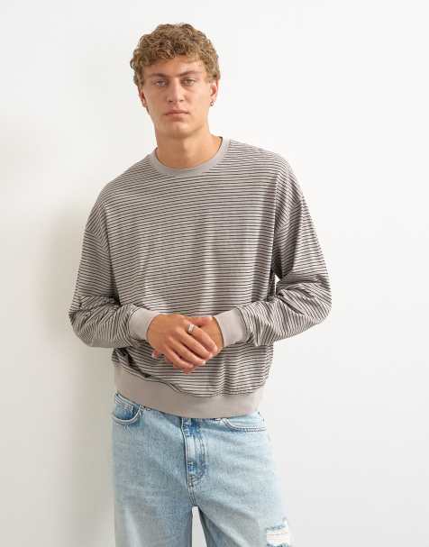 Topman relaxed fit crop long sleeve t-shirt with stripe in grey - view 1