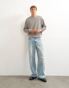 Model wearing Relaxed fit crop long sleeve t-shirt with stripe in grey
