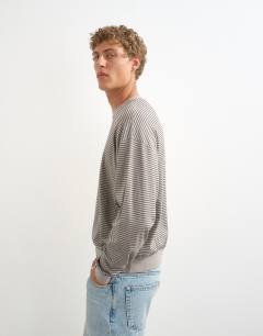 Model wearing Relaxed fit crop long sleeve t-shirt with stripe in grey