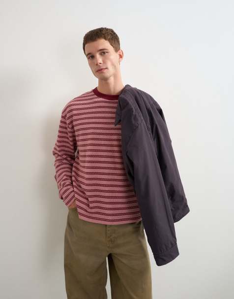 Topman relaxed fit crop long sleeve t-shirt with textured stripe in pink - view 1