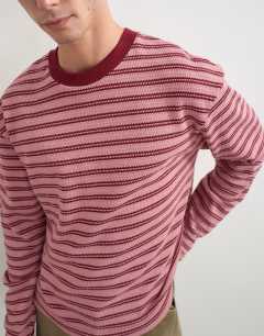 Model wearing Relaxed fit crop long sleeve t-shirt with textured stripe in pink