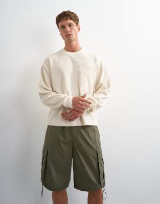 Topman Relaxed Fit Crop Pique Waffle Long Sleeve T-shirt In Neutral
