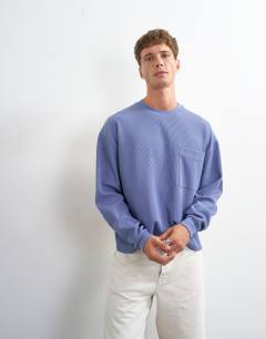 Relaxed fit crop pique waffle long sleeve t-shirt in french blue