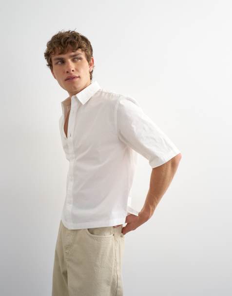 Topman relaxed fit crop poplin short sleeve shirt in white - view 1