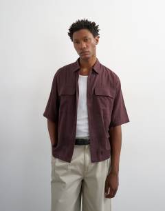 Relaxed fit crop sheer ripstop short sleeve shirt in brown