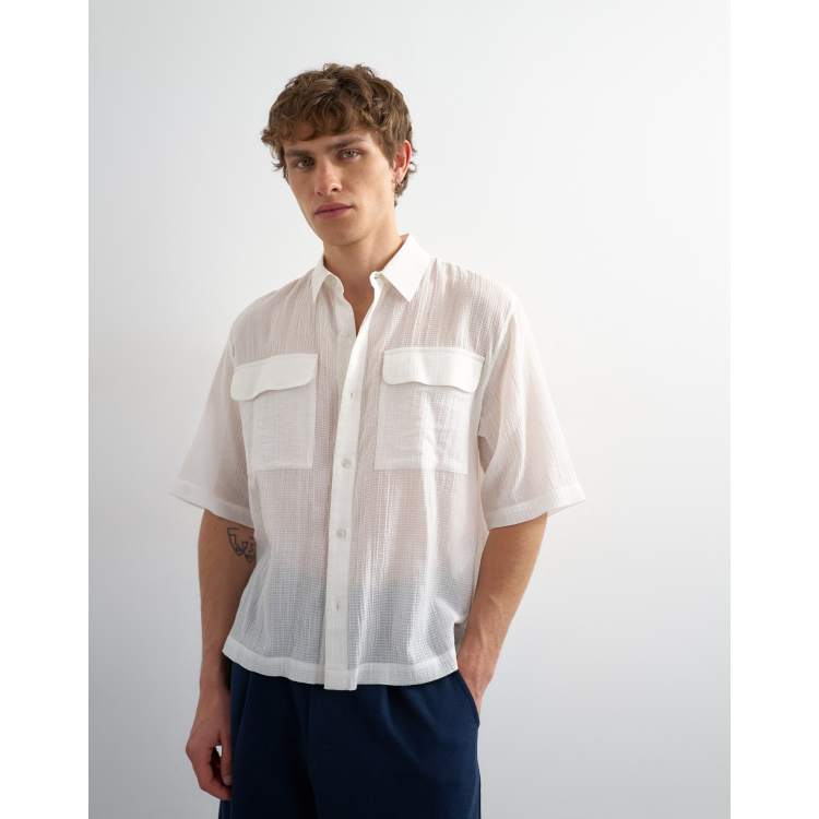 Topman relaxed fit crop sheer ripstop short sleeve shirt in white