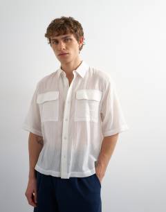 Relaxed fit crop sheer ripstop short sleeve shirt in white