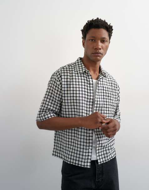 Topman relaxed fit crop textured check shirt in mono - view 1