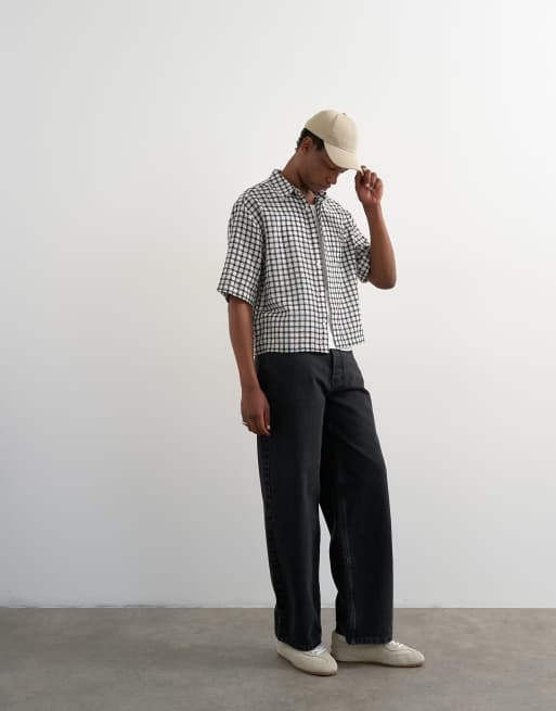 Topman relaxed fit crop textured check shirt in mono, 2 of 5