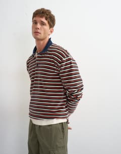 Relaxed fit crop velour stripe polo in navy