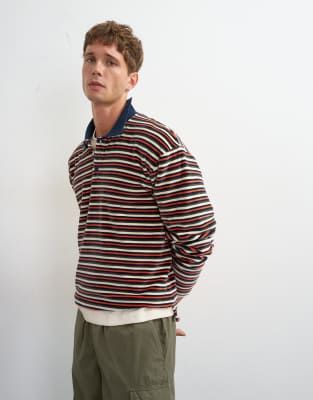 Укороченное велюровое поло в полоску свободного кроя Topman темно-синего цвета