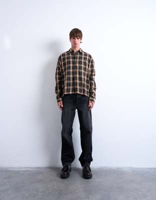 Topman Relaxed Fit Cropped Flannel Shirt In Multi