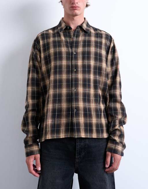 Topman relaxed fit cropped flannel shirt in brown plaid