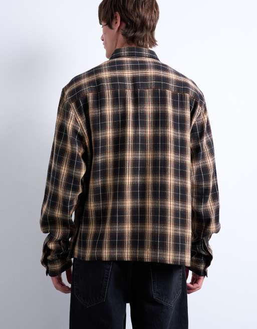 Topman relaxed fit cropped flannel shirt in brown plaid
