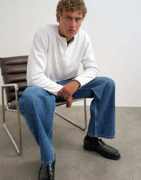 Topman relaxed fit cropped kraftig slub-henley med rå kant i ecru - view 1