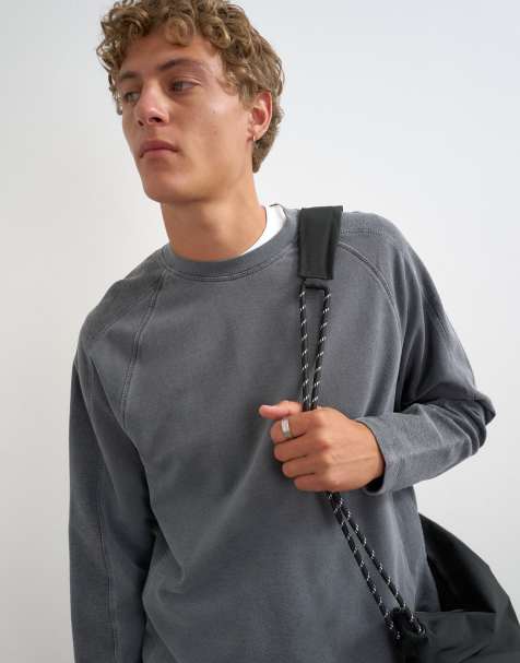 Topman relaxed fit cropped langærmet T-shirt med paneldetalje i vasket grå - view 1